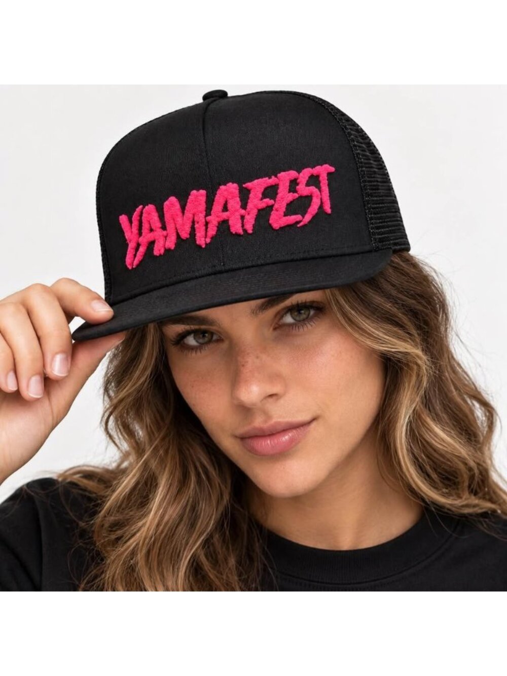 Yamafest Black Trucker Hat Neon Pink Logo Snapback Cap
